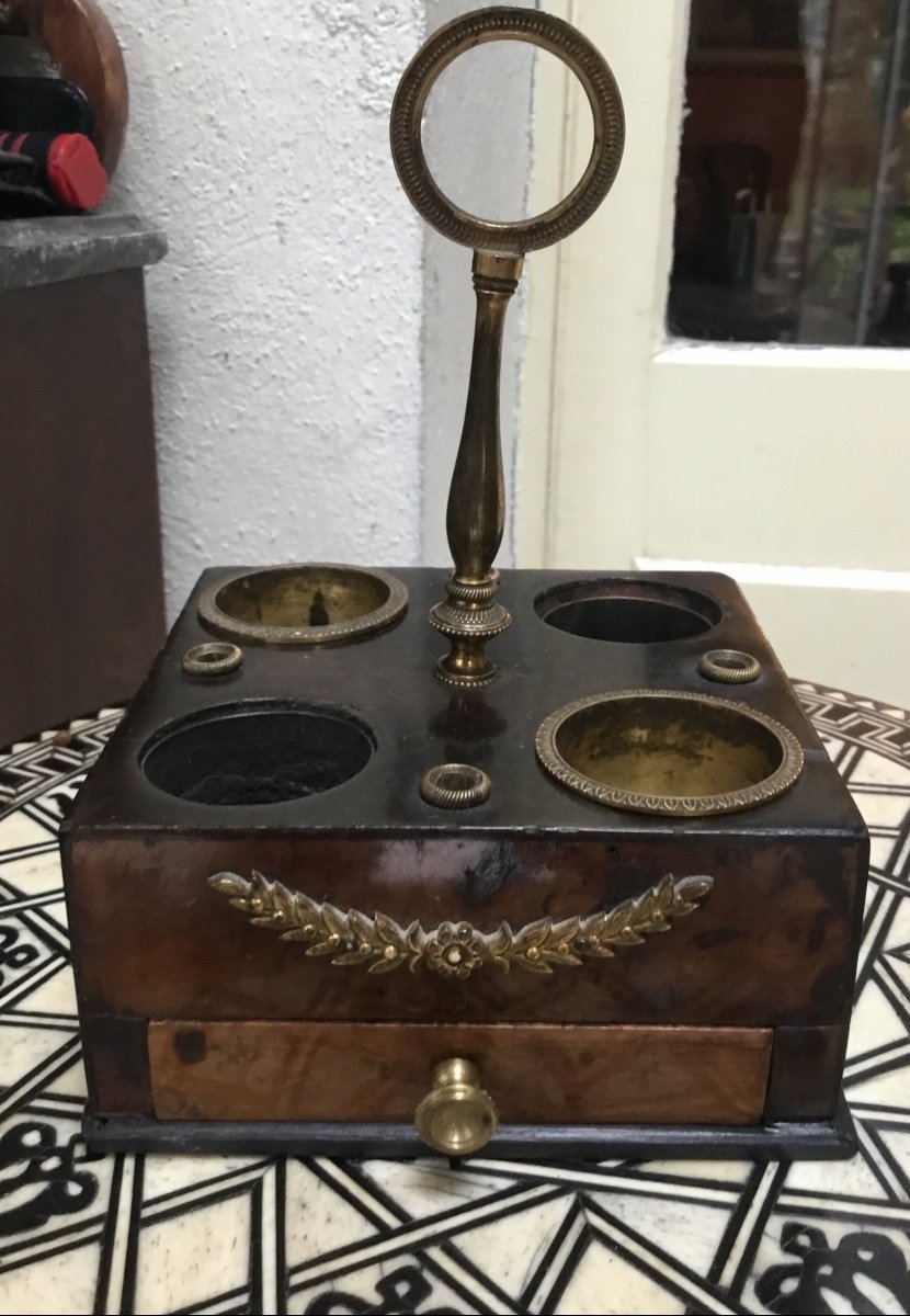 Charles X Inkwell In Veneer Wood And Gilt Bronze