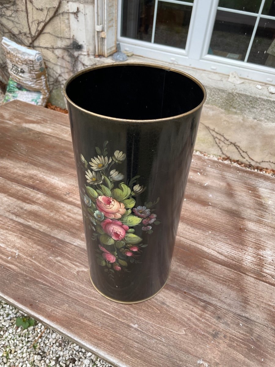 Porte Parapluie En Tôle Laquée à Décor D’un Bouquet De Fleurs -photo-4