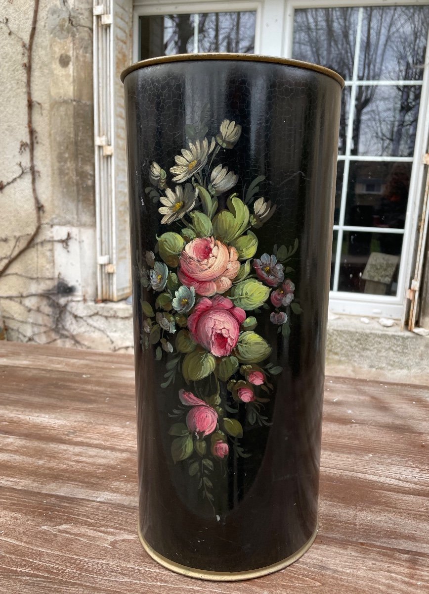 Porte Parapluie En Tôle Laquée à Décor D’un Bouquet De Fleurs 