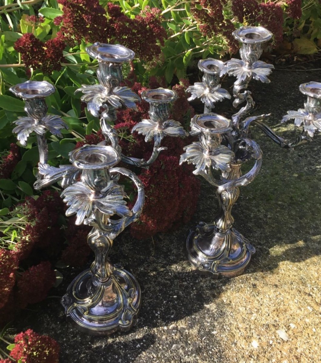 Imposing Pair Of Louis XV Rocaille Candlesticks, 19th Century (50 Cm)-photo-4