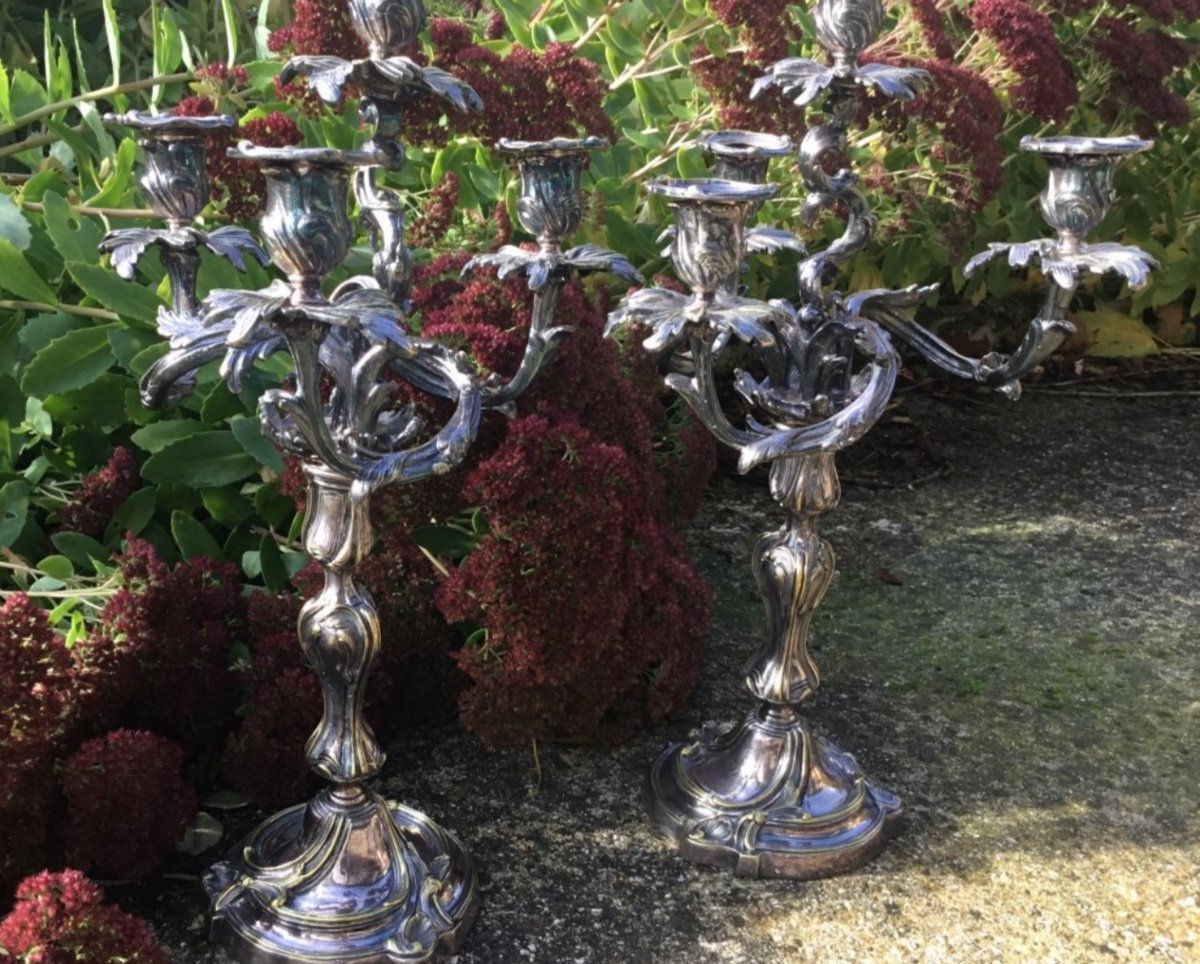 Imposing Pair Of Louis XV Rocaille Candlesticks, 19th Century (50 Cm)-photo-4