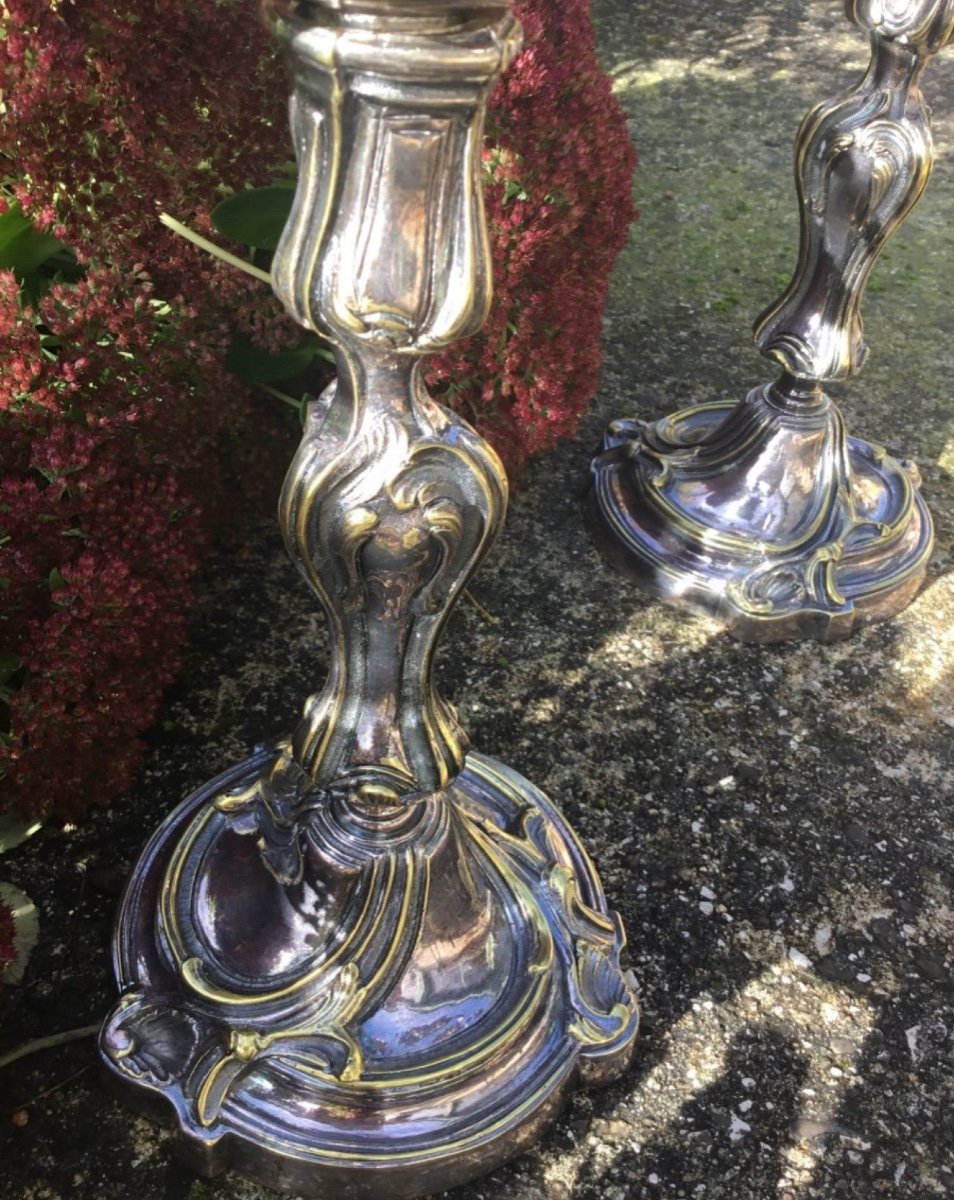 Imposing Pair Of Louis XV Rocaille Candlesticks, 19th Century (50 Cm)-photo-6