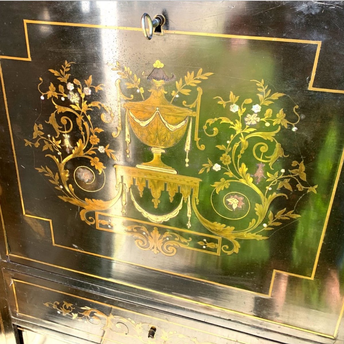 Secretaire En Marqueterie De Laiton Et Nacre d'époque Napoleon III-photo-2