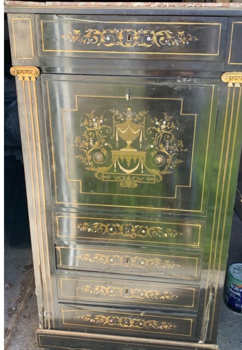 Secretaire En Marqueterie De Laiton Et Nacre d'époque Napoleon III