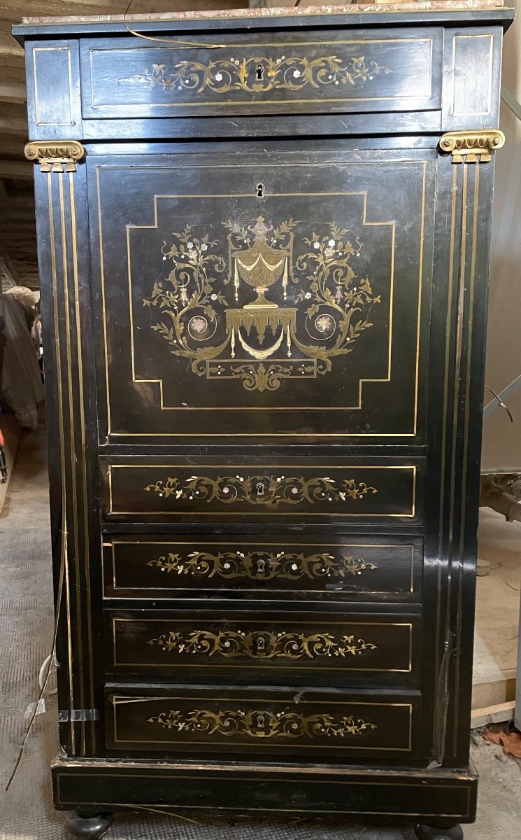 Secretaire En Marqueterie De Laiton Et Nacre d'époque Napoleon III