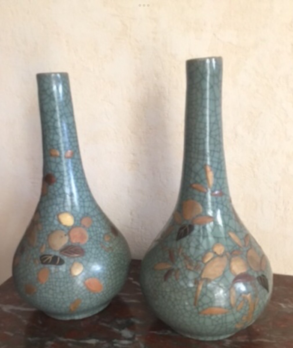 Pair Of Japanese Celadon Cracked Ceramic Vases -photo-2