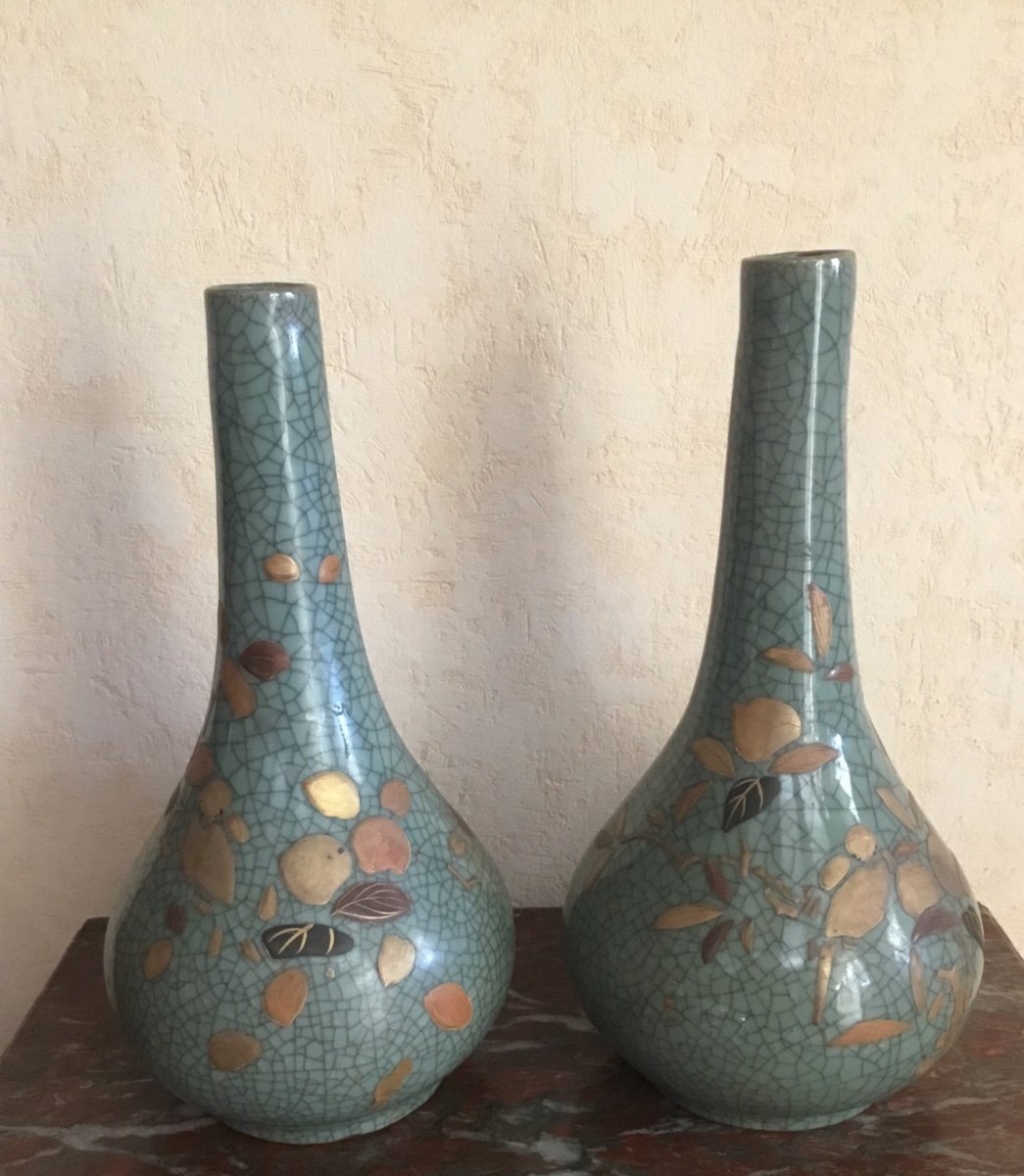 Pair Of Japanese Celadon Cracked Ceramic Vases -photo-3