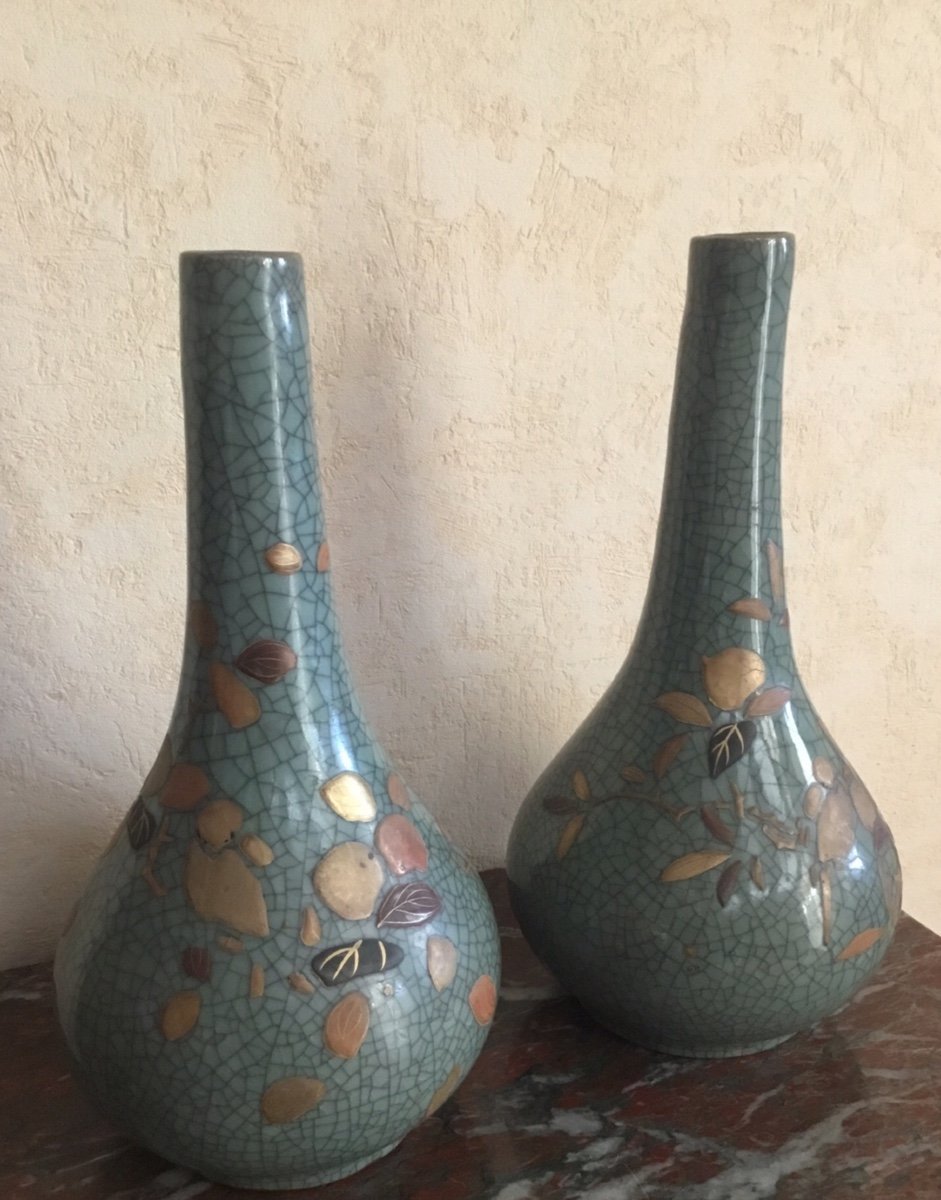 Pair Of Japanese Celadon Cracked Ceramic Vases -photo-4