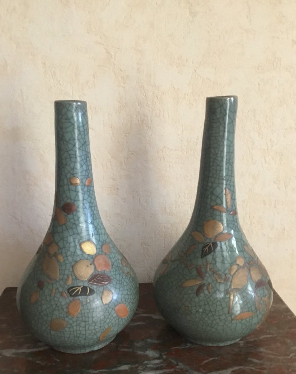 Pair Of Japanese Celadon Cracked Ceramic Vases -photo-1