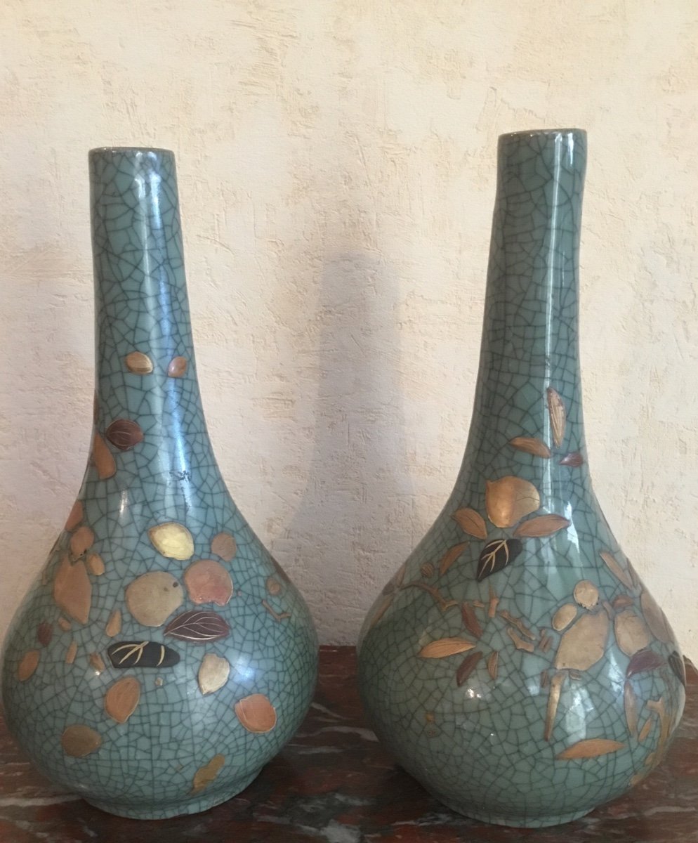 Pair Of Japanese Celadon Cracked Ceramic Vases -photo-3