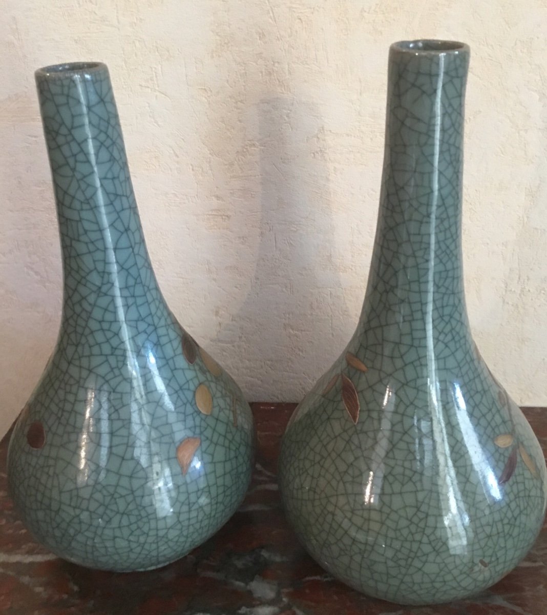 Pair Of Japanese Celadon Cracked Ceramic Vases -photo-4