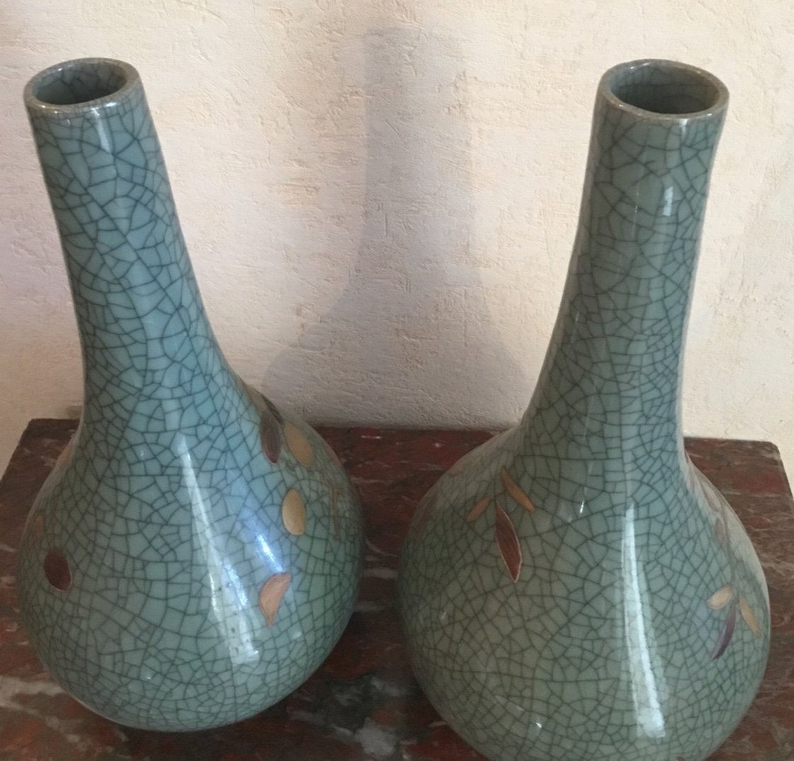 Pair Of Japanese Celadon Cracked Ceramic Vases -photo-5