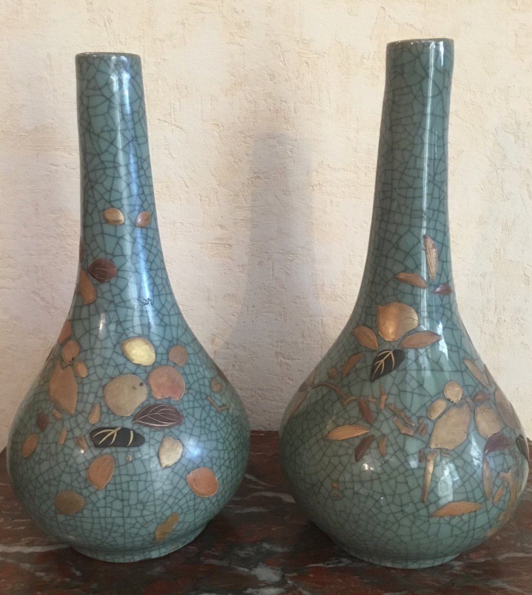 Pair Of Japanese Celadon Cracked Ceramic Vases 