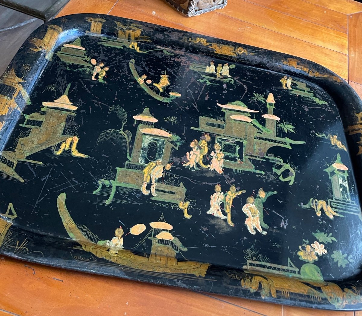 Large Sheet Metal Tray With Chinoiserie Decor -photo-2