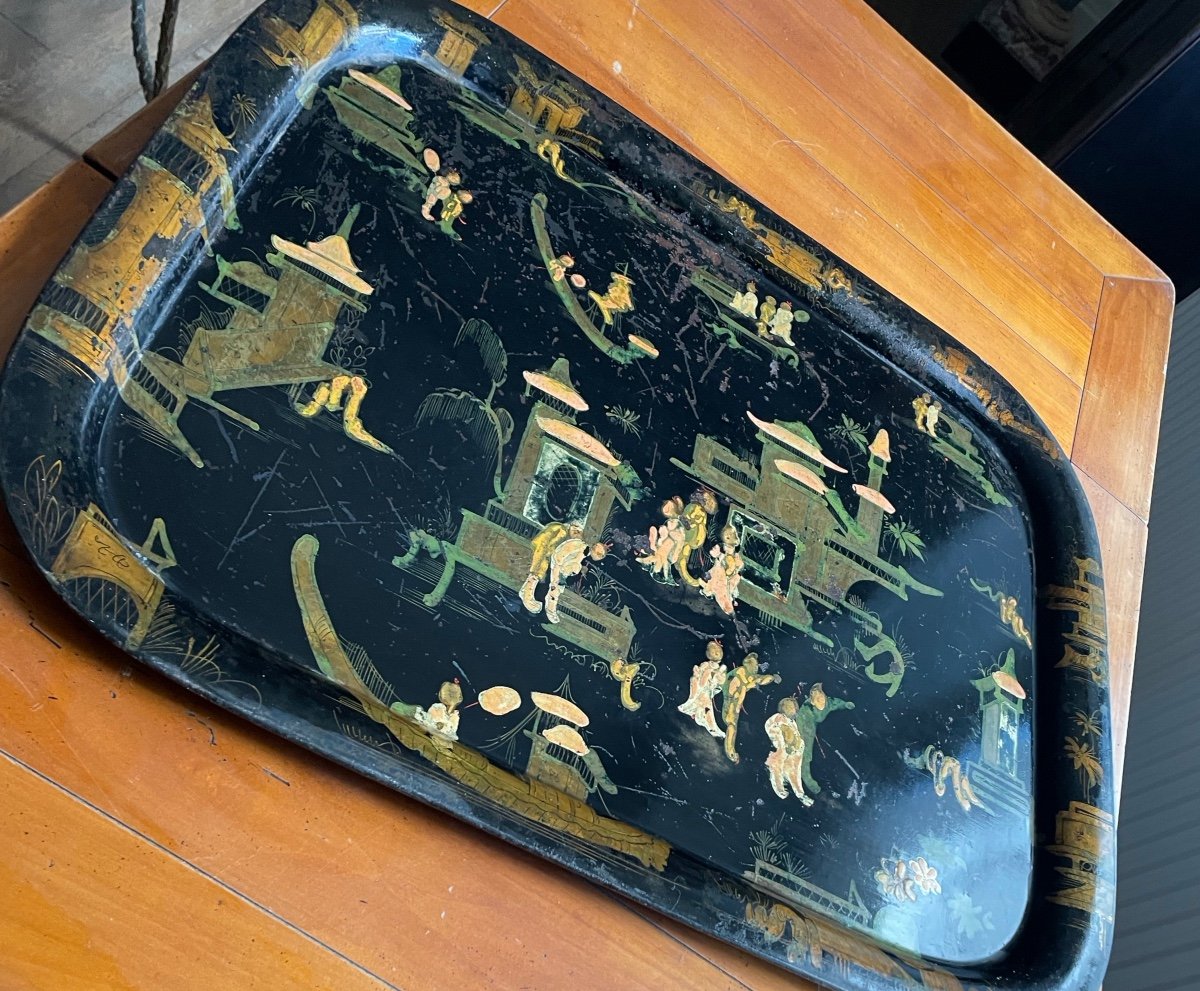 Large Sheet Metal Tray With Chinoiserie Decor -photo-3