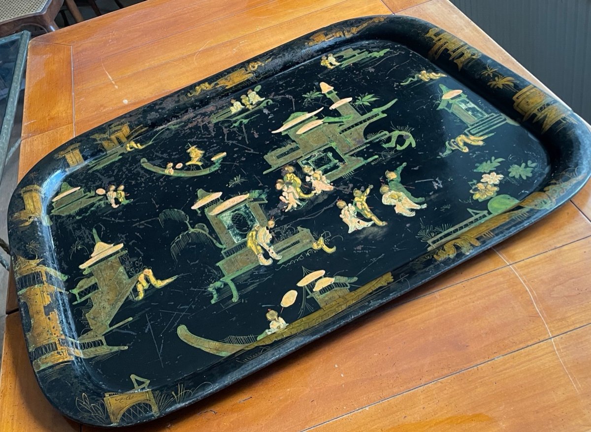 Large Sheet Metal Tray With Chinoiserie Decor -photo-4