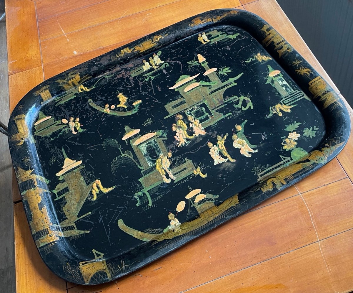 Large Sheet Metal Tray With Chinoiserie Decor -photo-1