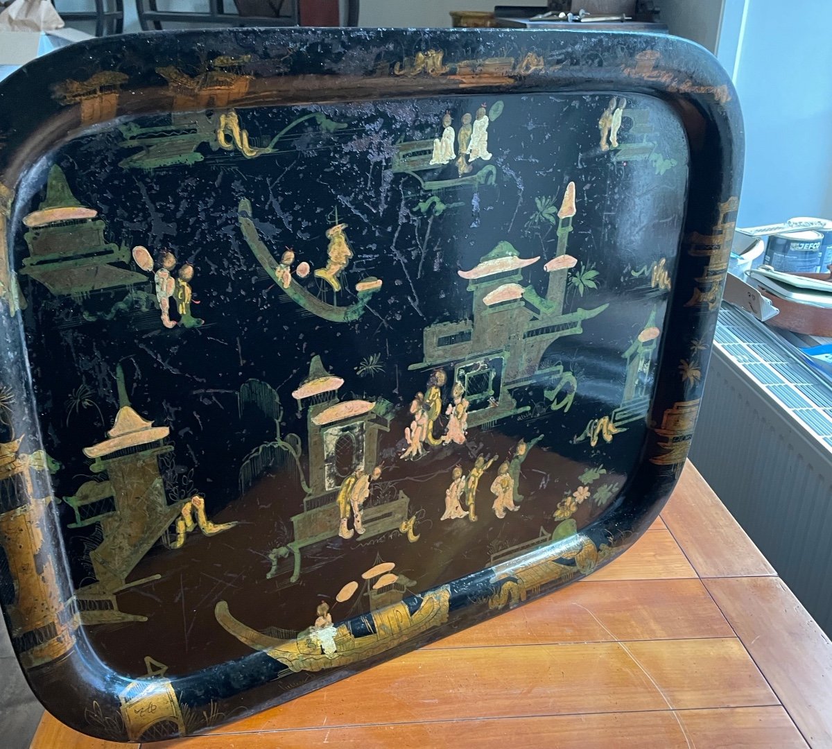 Large Sheet Metal Tray With Chinoiserie Decor -photo-5