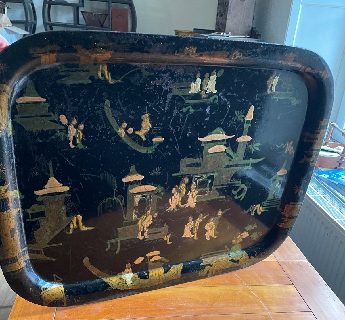 Large Sheet Metal Tray With Chinoiserie Decor -photo-6