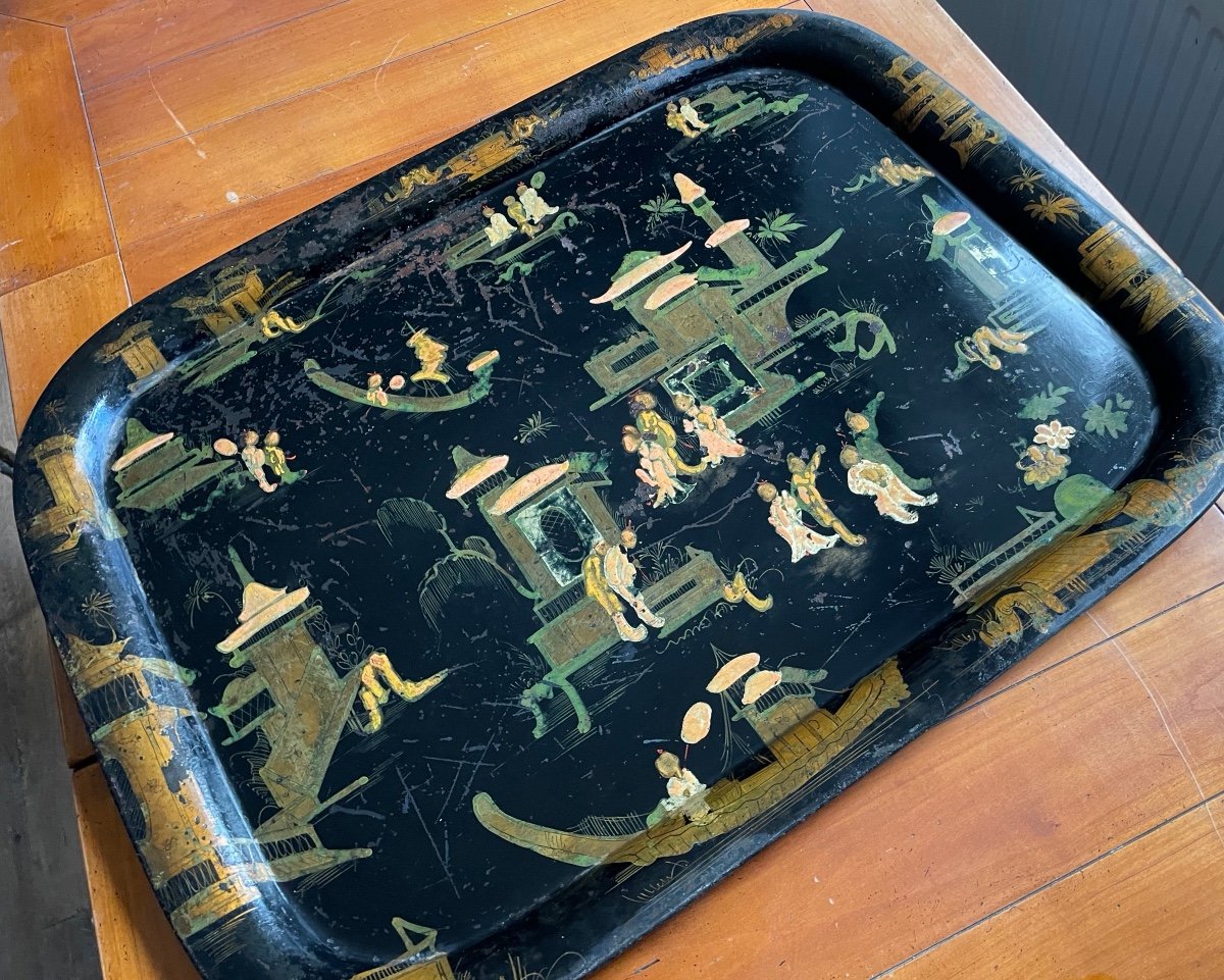 Large Sheet Metal Tray With Chinoiserie Decor 