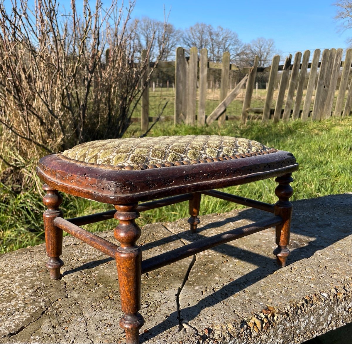 Antique Natural Wood Foot Stool -photo-3