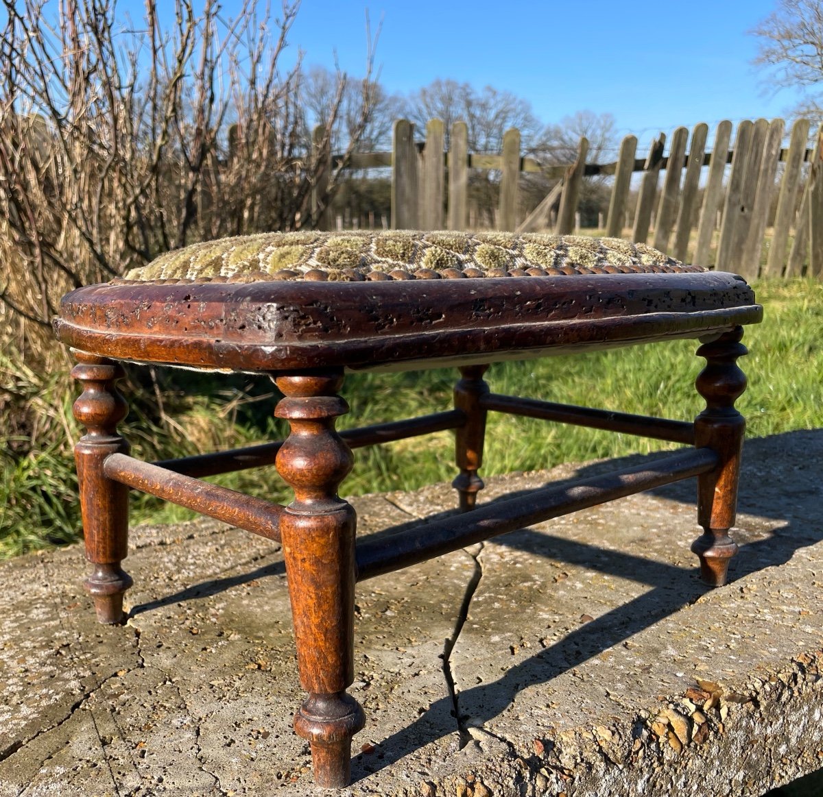 Antique Natural Wood Foot Stool -photo-5