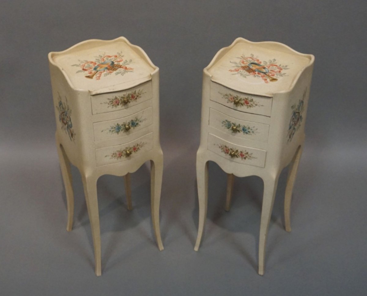 Pair Of Wooden Bedside Tables Painted With Flowers And Musical Instruments -photo-2