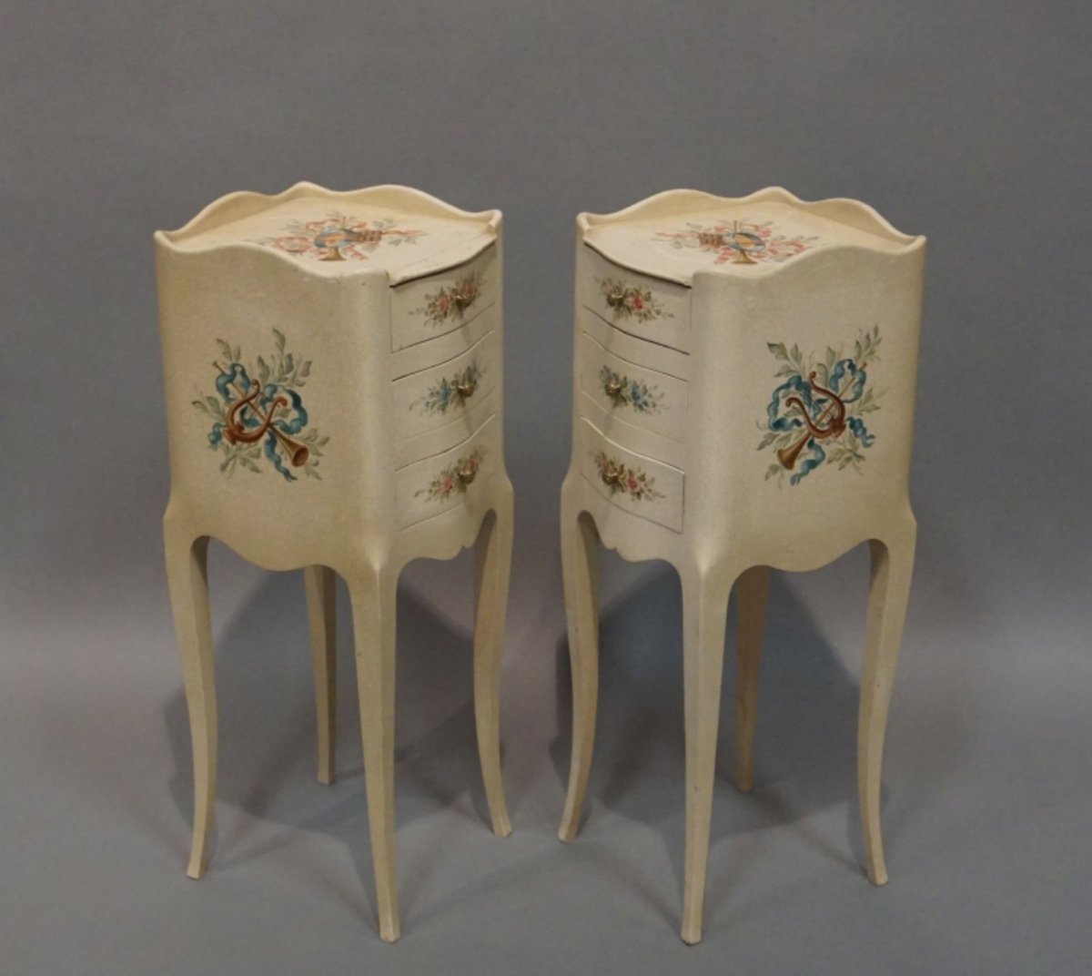 Pair Of Wooden Bedside Tables Painted With Flowers And Musical Instruments -photo-3