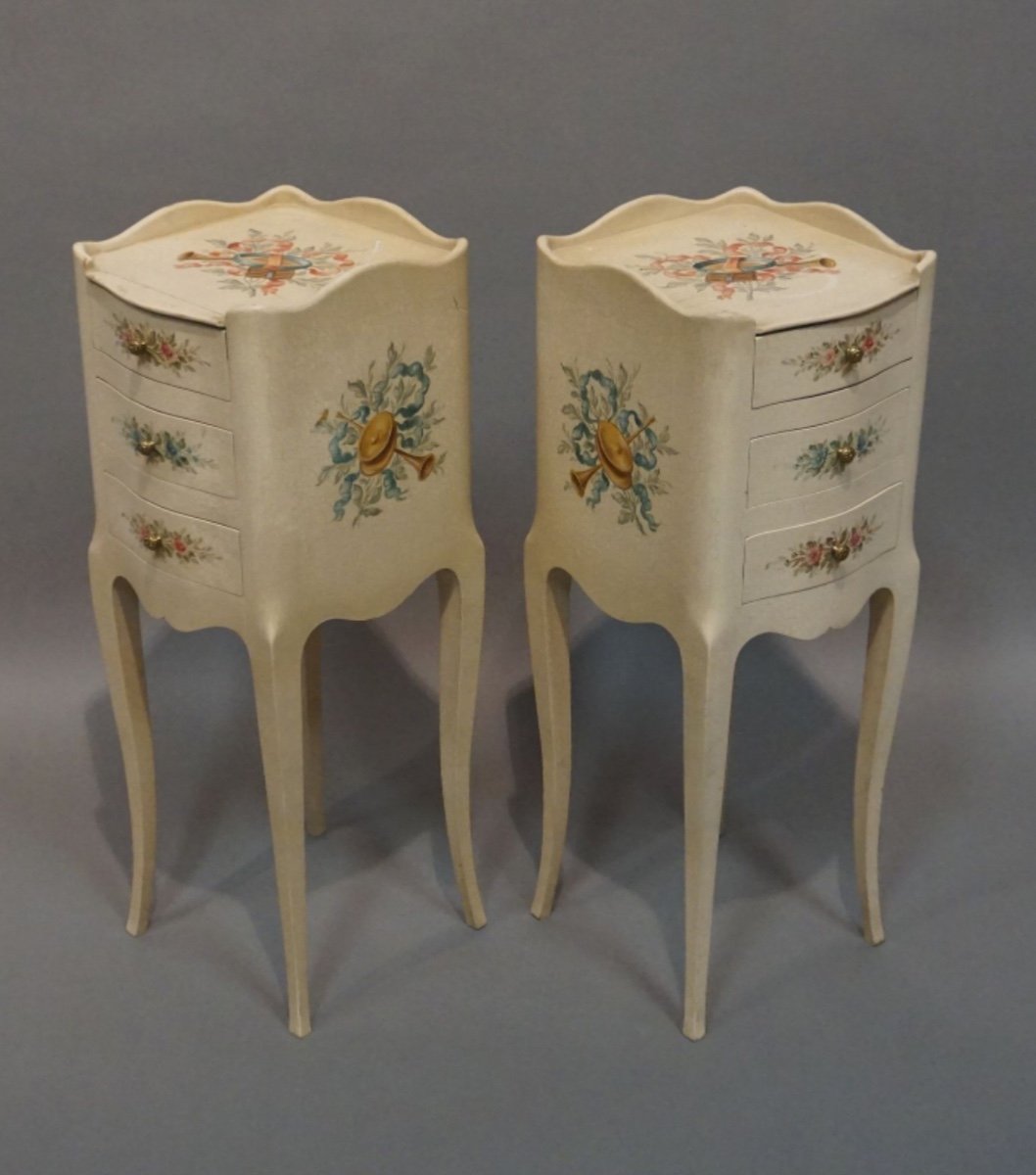 Pair Of Wooden Bedside Tables Painted With Flowers And Musical Instruments -photo-4