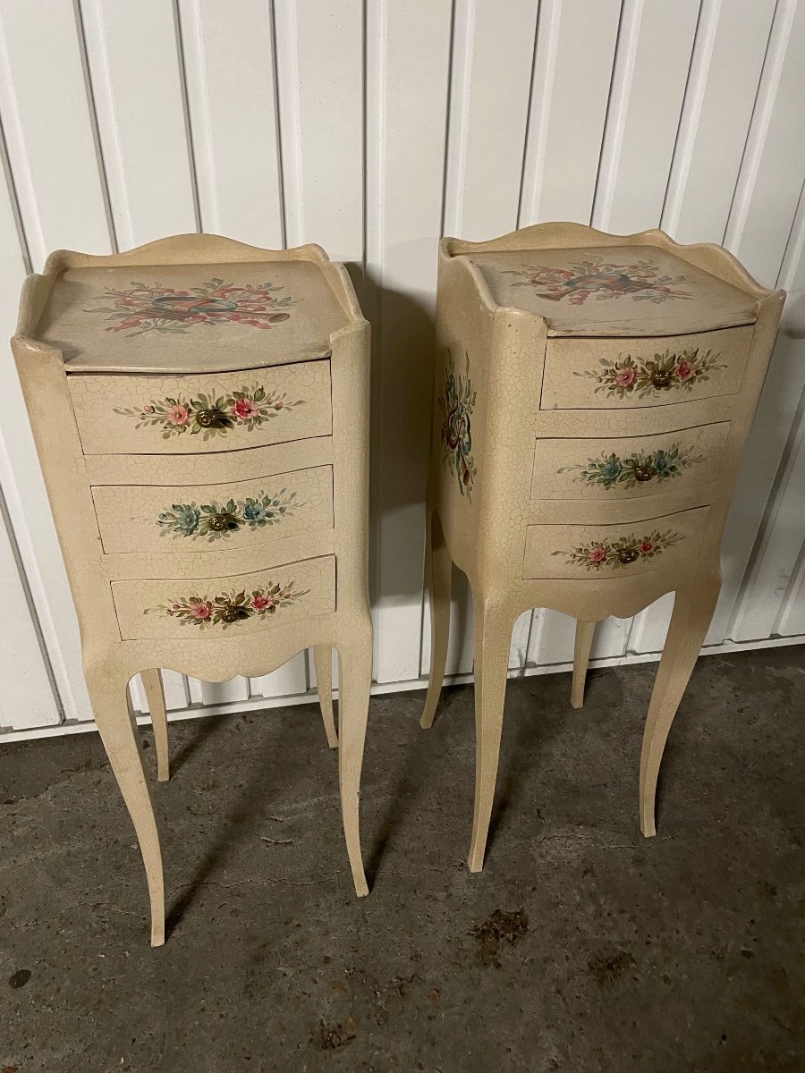 Pair Of Wooden Bedside Tables Painted With Flowers And Musical Instruments -photo-1