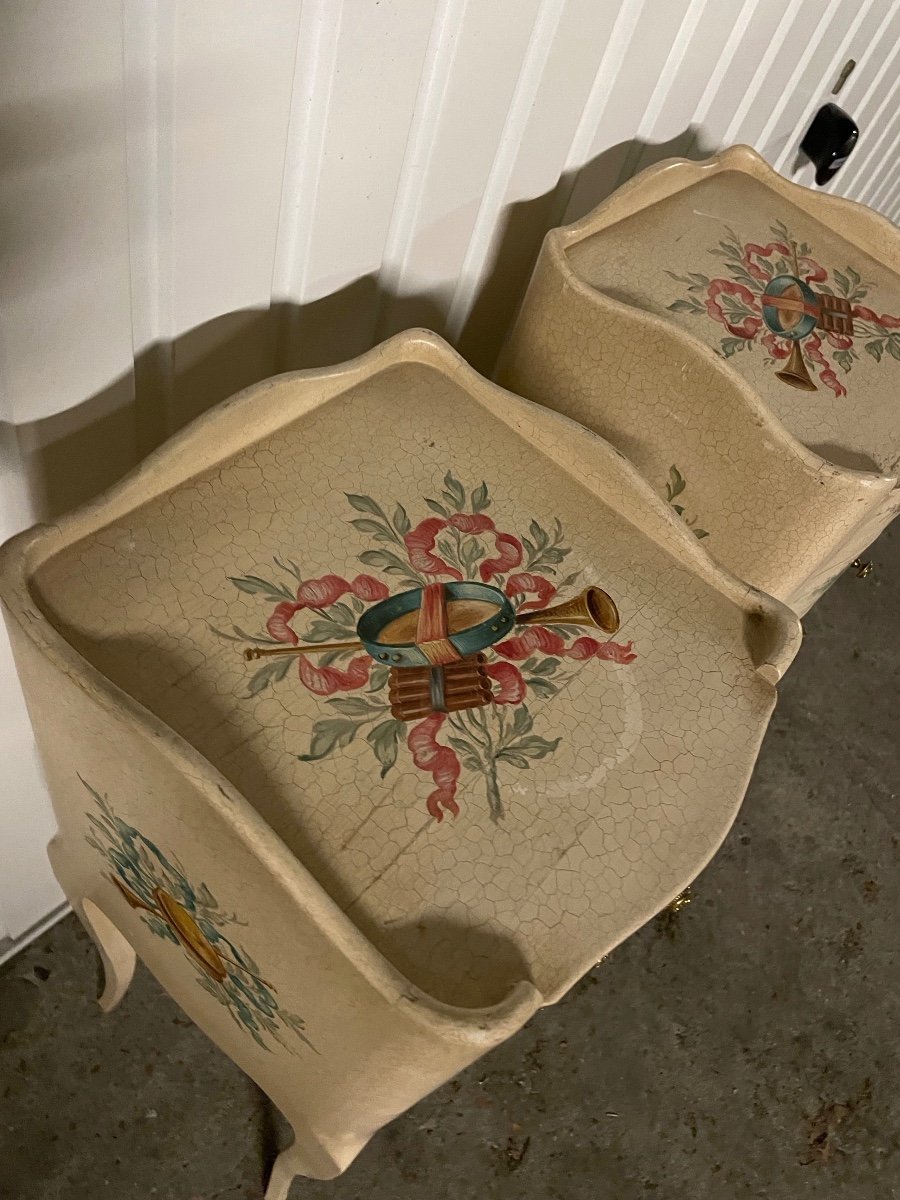 Pair Of Wooden Bedside Tables Painted With Flowers And Musical Instruments -photo-2