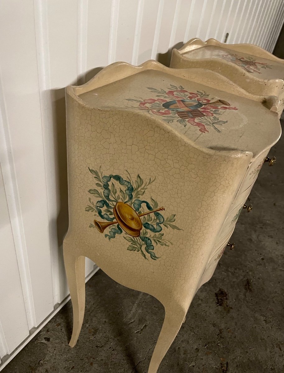 Pair Of Wooden Bedside Tables Painted With Flowers And Musical Instruments -photo-3