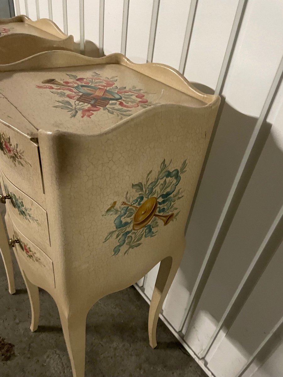 Pair Of Wooden Bedside Tables Painted With Flowers And Musical Instruments -photo-4