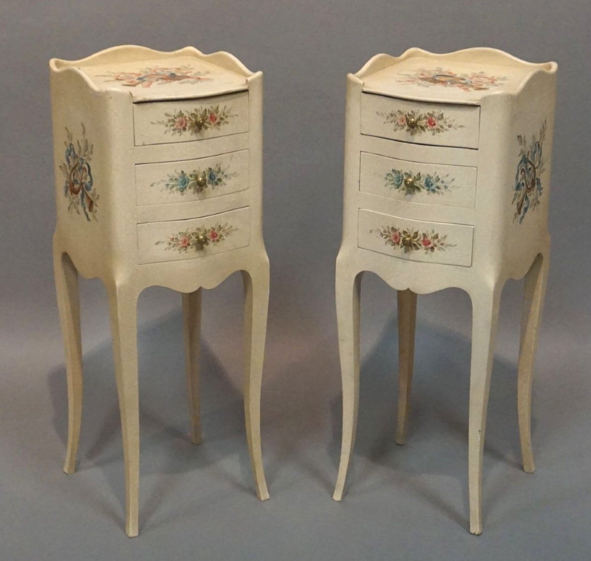 Pair Of Wooden Bedside Tables Painted With Flowers And Musical Instruments 