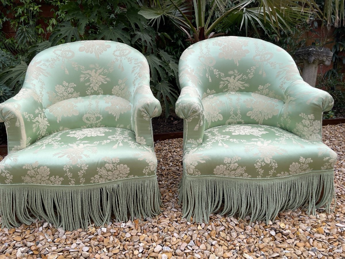 Pair Of Napoleon III “toad” Armchairs Covered In Silk -photo-2