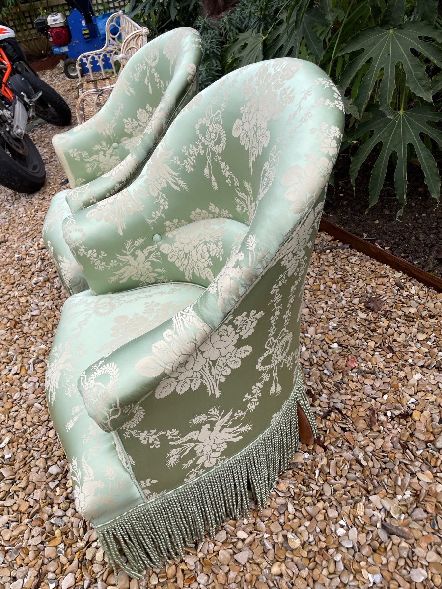 Pair Of Napoleon III “toad” Armchairs Covered In Silk -photo-4