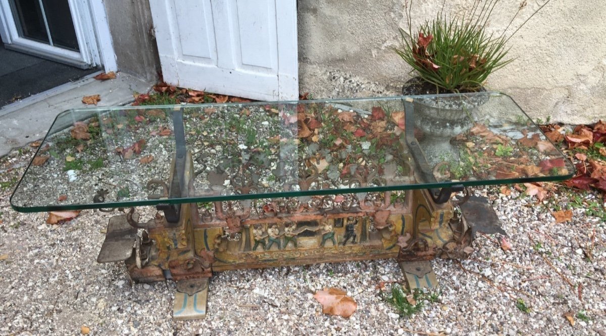 Sicilian Cart Axle Coffee Table In Wood And Wrought Iron -photo-4