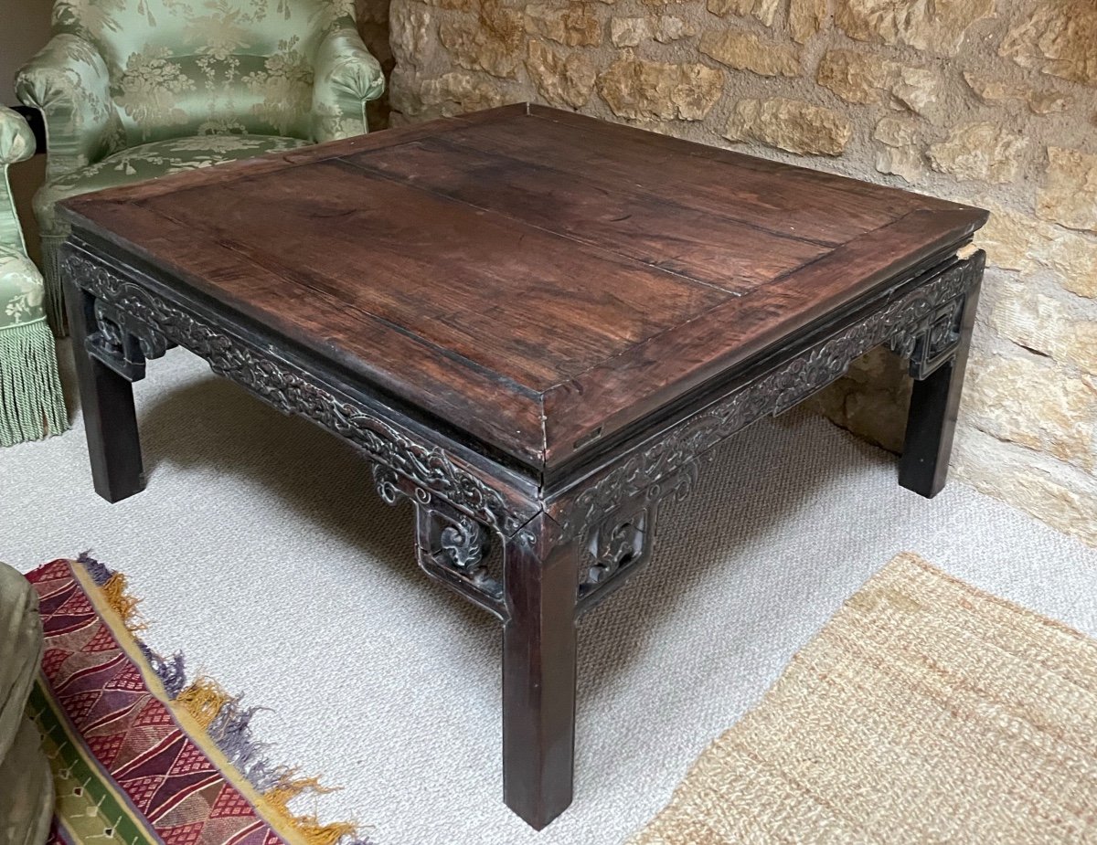 Coffee Table In Carved Exotic Wood, China, 19th Century -photo-4