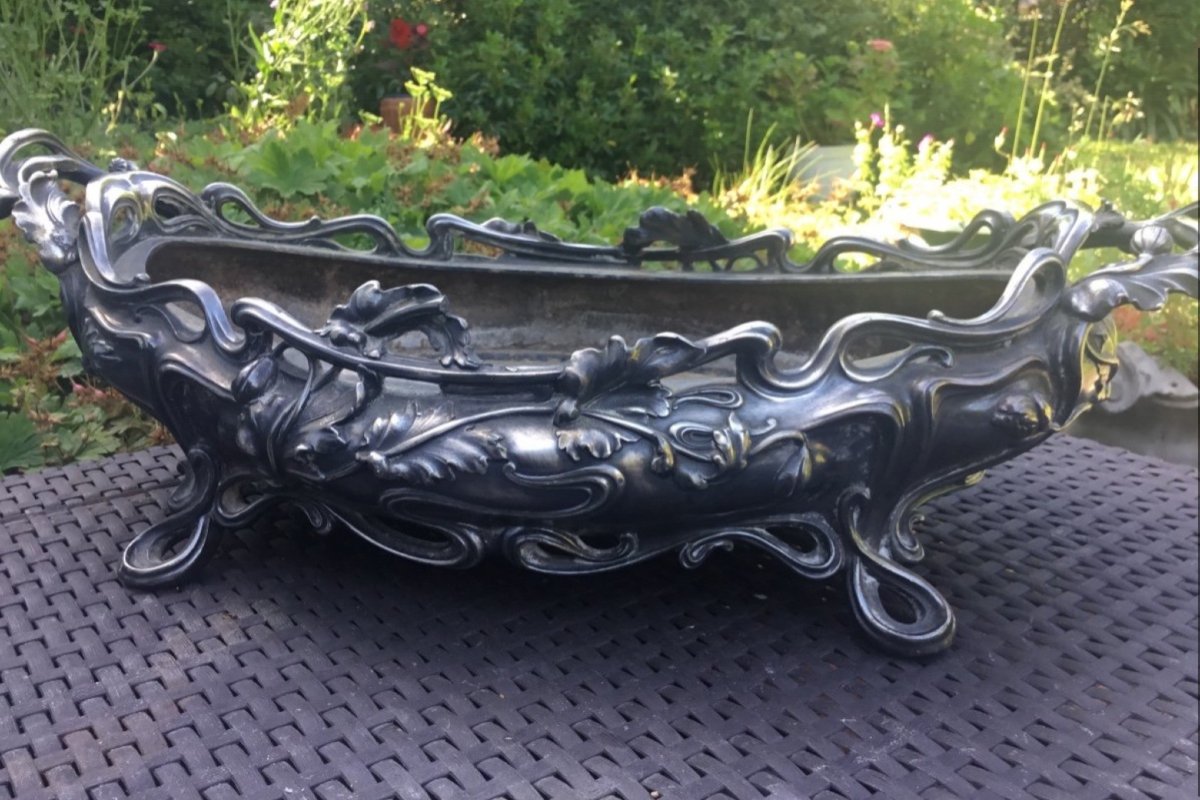 Jardinière By Victor Saglier In Art Nouveau Silver-plated Bronze 55 Cm-photo-4