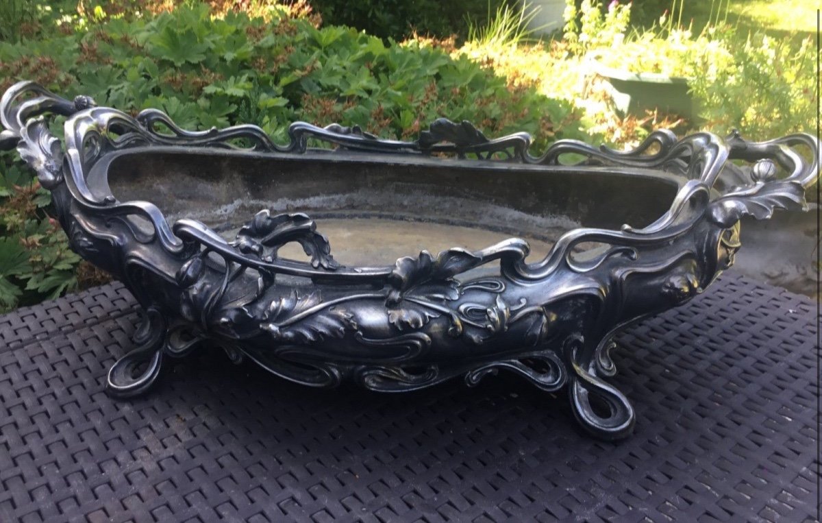 Jardinière By Victor Saglier In Art Nouveau Silver-plated Bronze 55 Cm-photo-5