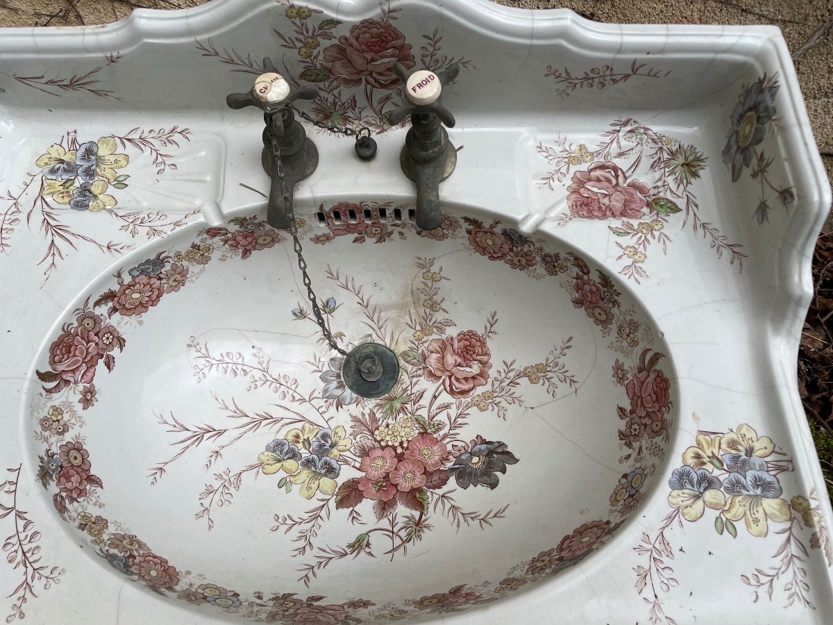 Flowered Washbasin, Sarreguemines, Circa 1900-photo-4