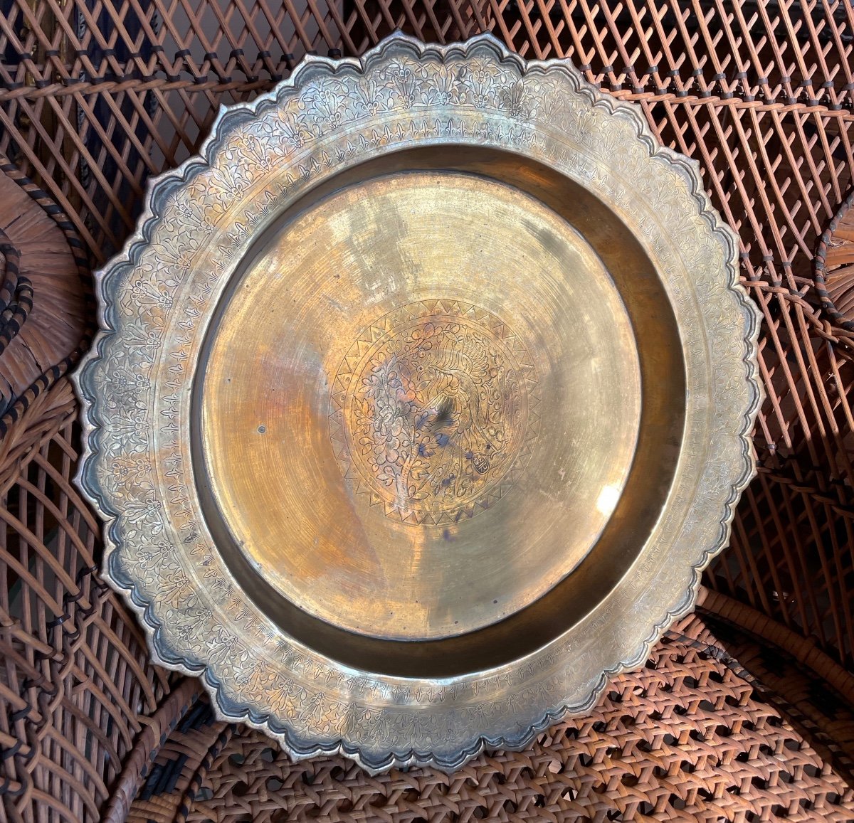 Large Chiseled And Engraved Dish In Gilded Brass, Indochina 