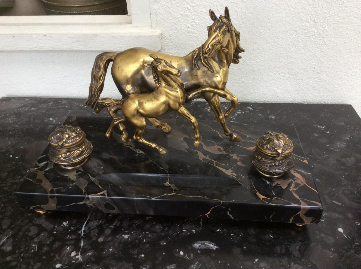 Inkwells Mare And Foal Gilt Bronze