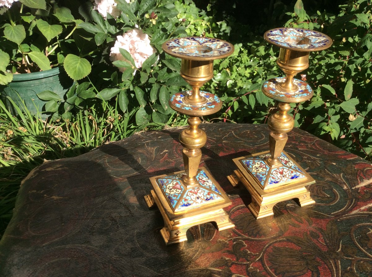 Two Candlesticks In Cloisonné Enamels-photo-4