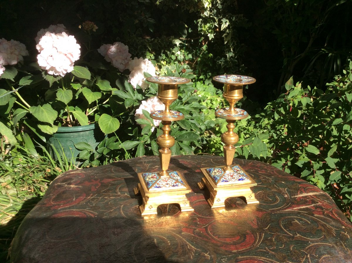 Two Candlesticks In Cloisonné Enamels-photo-1