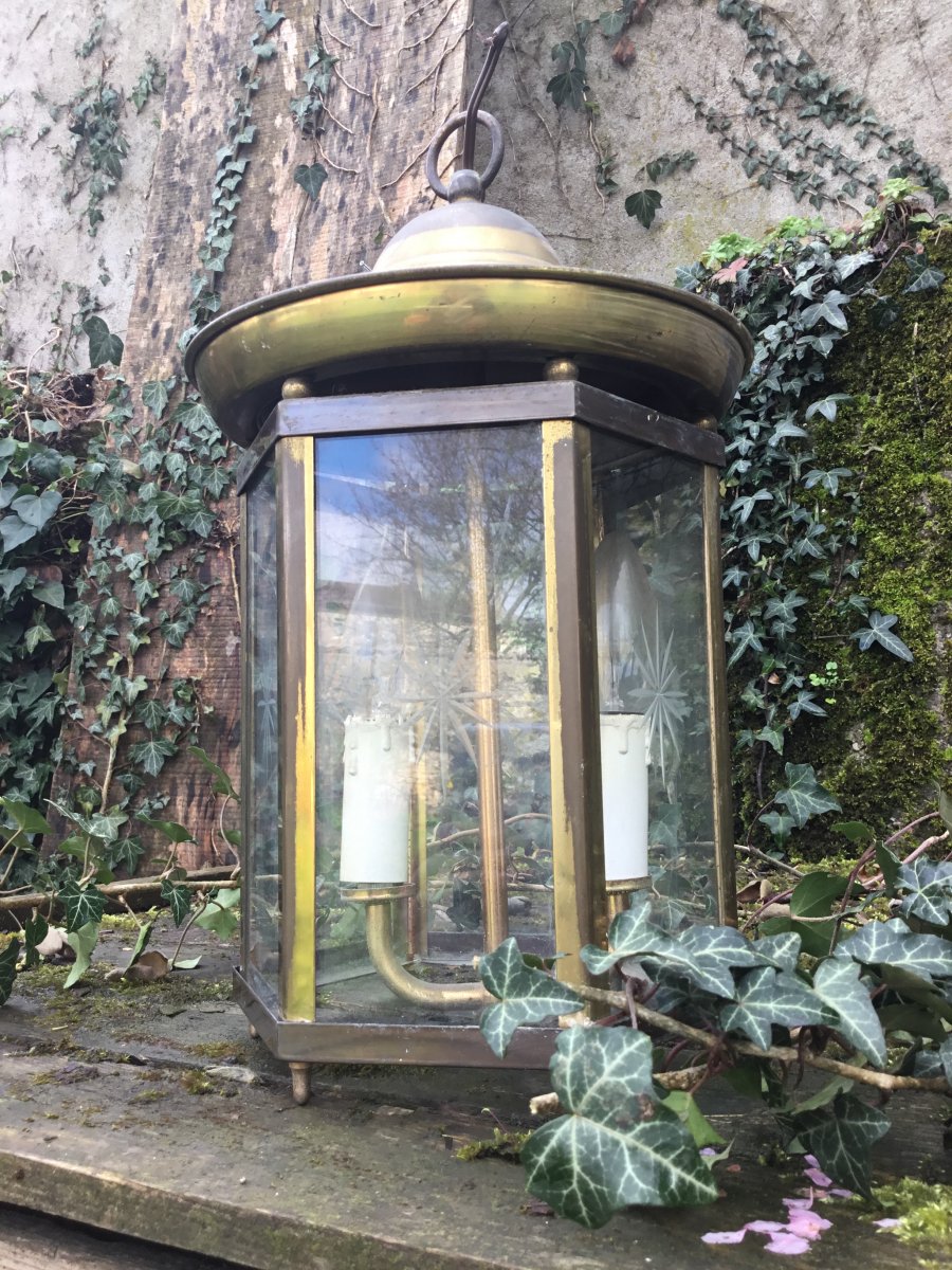 Brass And Engraved Glass Lantern With Two Lights