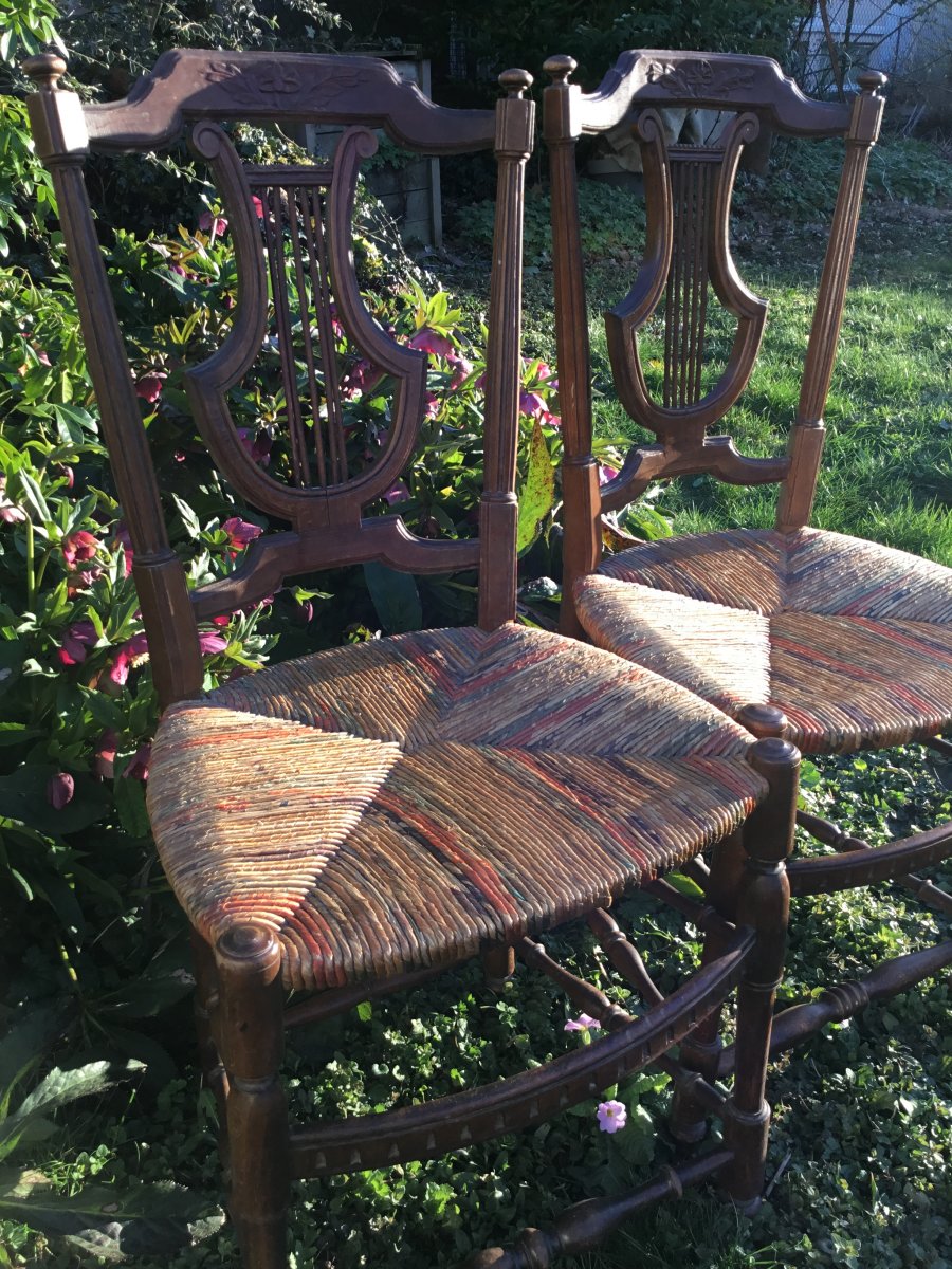 Pair Of Straw Chairs With Lyre Back, XIXth-photo-1