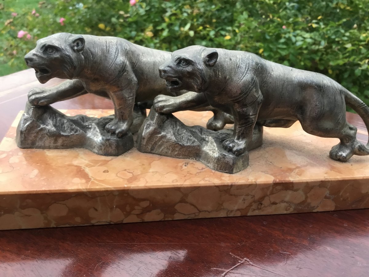 Couple Of Panthers On A Marble Base, Art Deco-photo-2