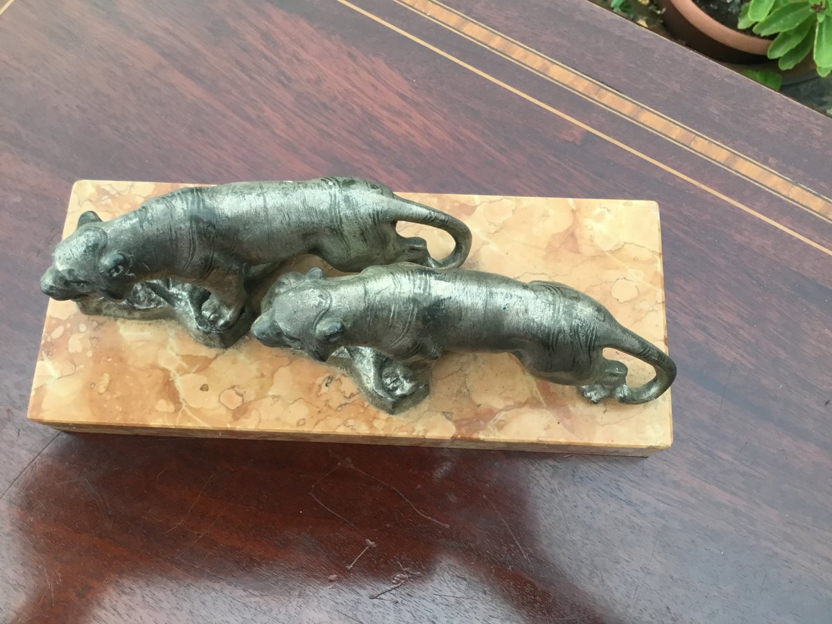 Couple Of Panthers On A Marble Base, Art Deco-photo-5