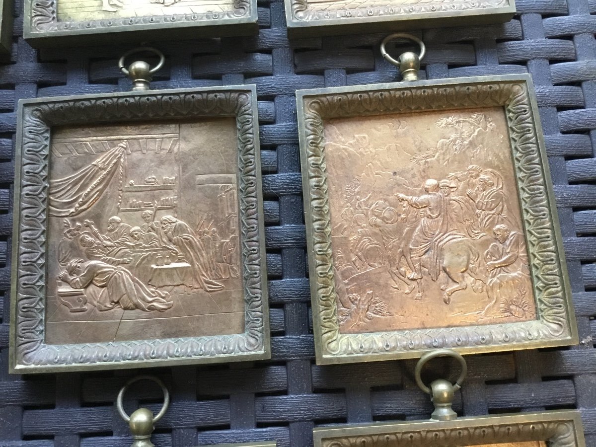 Suite Of 18 Framed Bronze Religious Plates-photo-5